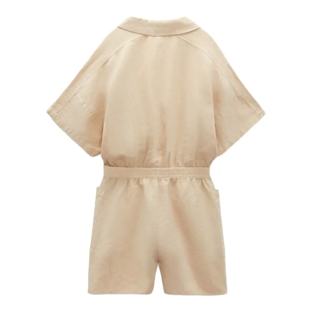 Zara Sand Short Linen Playsuit Size M NWT Button Front Patch Pocket Romper